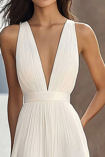 A Line Ivory V-Neck Long Engagement Dress